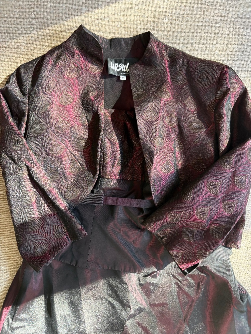Ursula of Switzerland Vintage Iridescent Taffeta Strapless Gown & Peacock Bolero